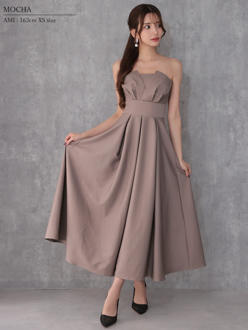 Veautt ヴュート べアトップバストタックウエストマークプリーツフレアミモレ丈ミディアムドレス  vt082602