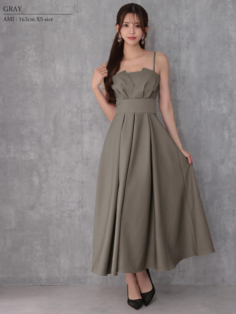 Veautt ヴュート べアトップバストタックウエストマークプリーツフレアミモレ丈ミディアムドレス  vt082602