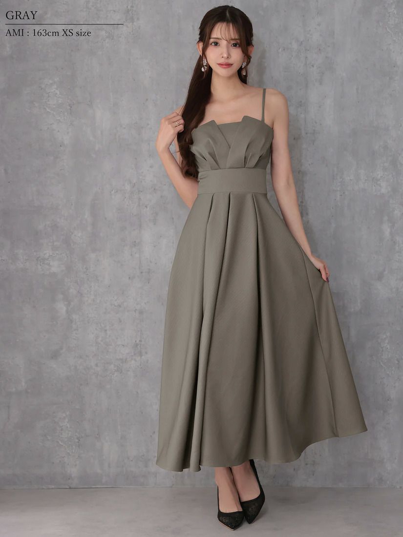 Veautt ヴュート べアトップバストタックウエストマークプリーツフレアミモレ丈ミディアムドレス  vt082602