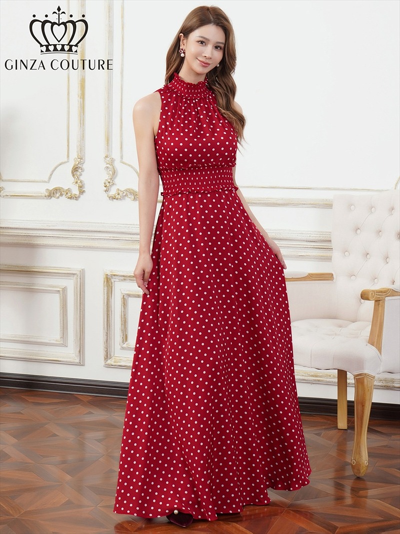 ERUKEI エルケイ ドット・首元フリル・ウエストマーク・マキシ・アメリカンスリーブ・Aライン・ロングドレス ek-c26165