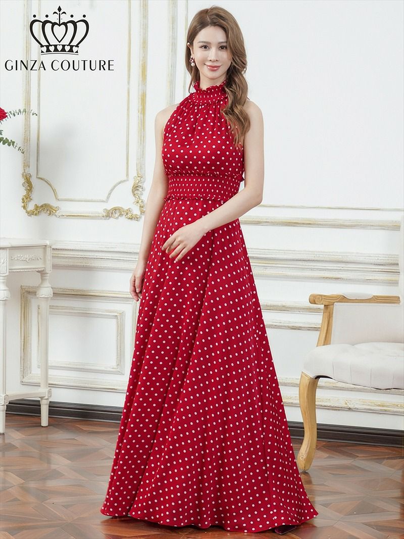 ERUKEI エルケイ ドット・首元フリル・ウエストマーク・マキシ・アメリカンスリーブ・Aライン・ロングドレス ek-c26165