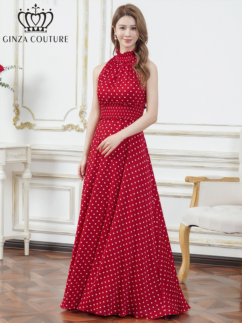 ERUKEI エルケイ ドット・首元フリル・ウエストマーク・マキシ・アメリカンスリーブ・Aライン・ロングドレス ek-c26165