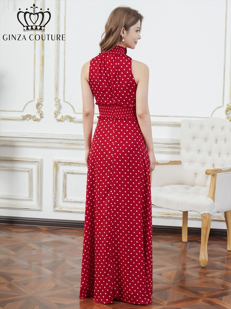 ERUKEI エルケイ ドット・首元フリル・ウエストマーク・マキシ・アメリカンスリーブ・Aライン・ロングドレス ek-c26165