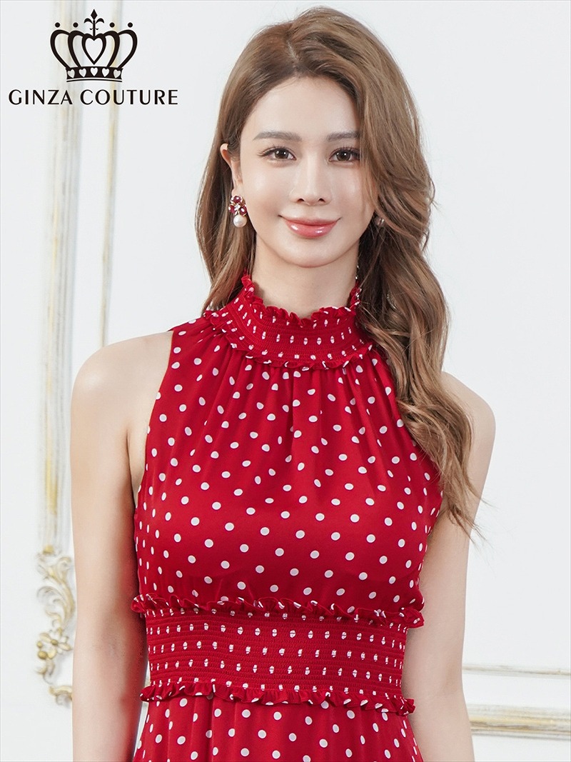 ERUKEI エルケイ ドット・首元フリル・ウエストマーク・マキシ・アメリカンスリーブ・Aライン・ロングドレス ek-c26165