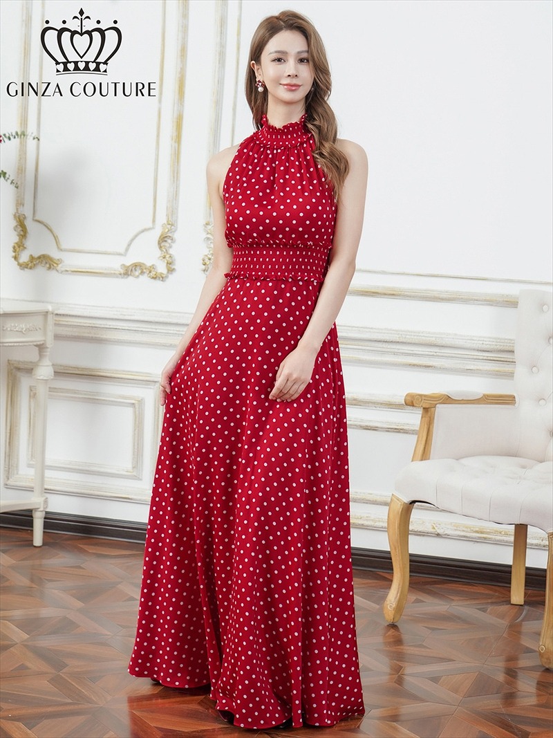 ERUKEI エルケイ ドット・首元フリル・ウエストマーク・マキシ・アメリカンスリーブ・Aライン・ロングドレス ek-c26165