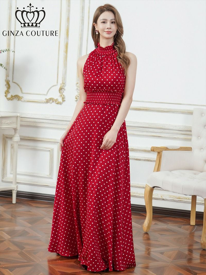 ERUKEI エルケイ ドット・首元フリル・ウエストマーク・マキシ・アメリカンスリーブ・Aライン・ロングドレス ek-c26165