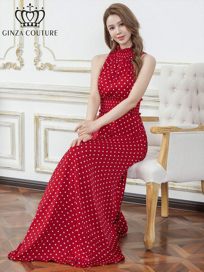 ERUKEI エルケイ ドット・首元フリル・ウエストマーク・マキシ・アメリカンスリーブ・Aライン・ロングドレス ek-c26165