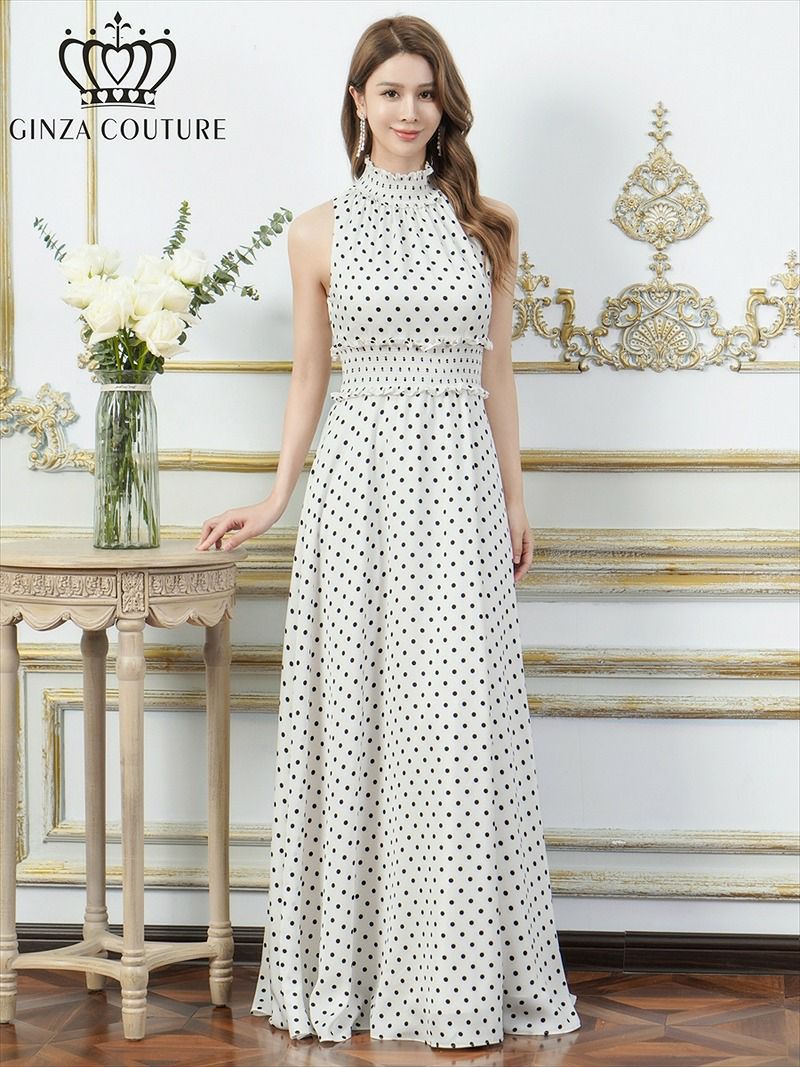 ERUKEI エルケイ ドット・首元フリル・ウエストマーク・マキシ・アメリカンスリーブ・Aライン・ロングドレス ek-c26165