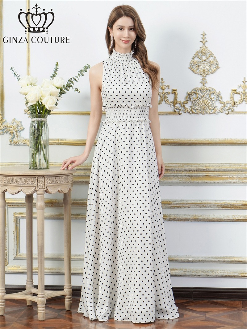 ERUKEI エルケイ ドット・首元フリル・ウエストマーク・マキシ・アメリカンスリーブ・Aライン・ロングドレス ek-c26165