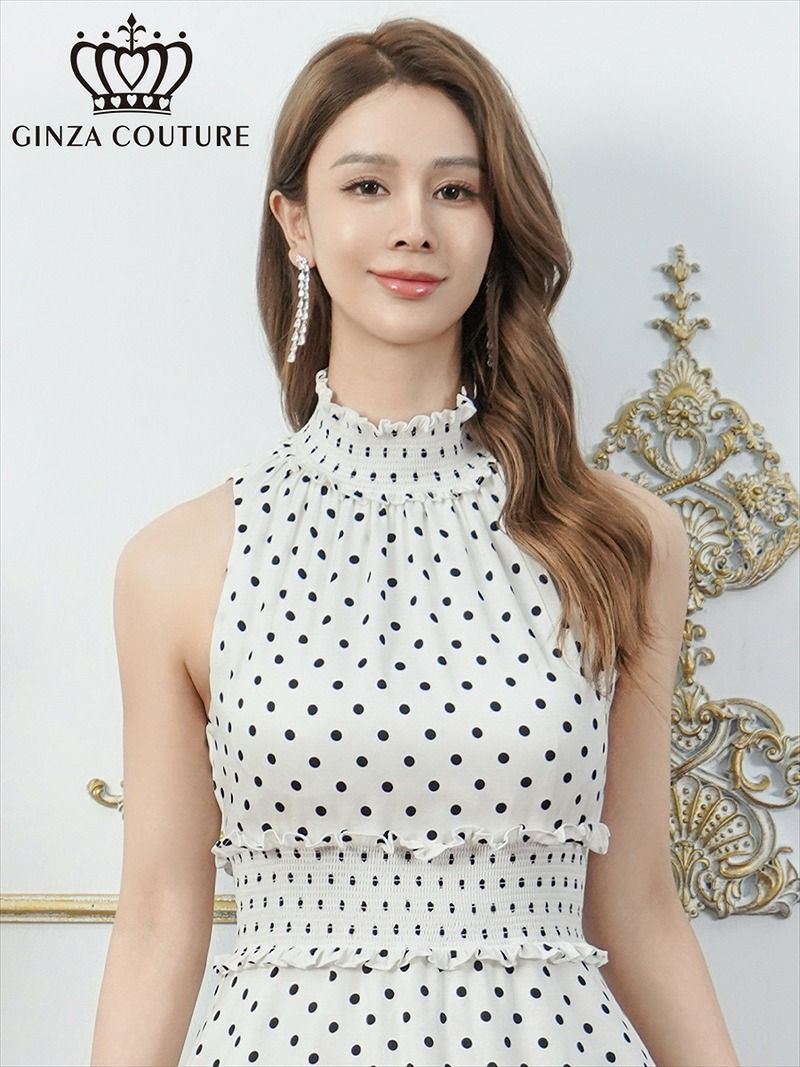 ERUKEI エルケイ ドット・首元フリル・ウエストマーク・マキシ・アメリカンスリーブ・Aライン・ロングドレス ek-c26165