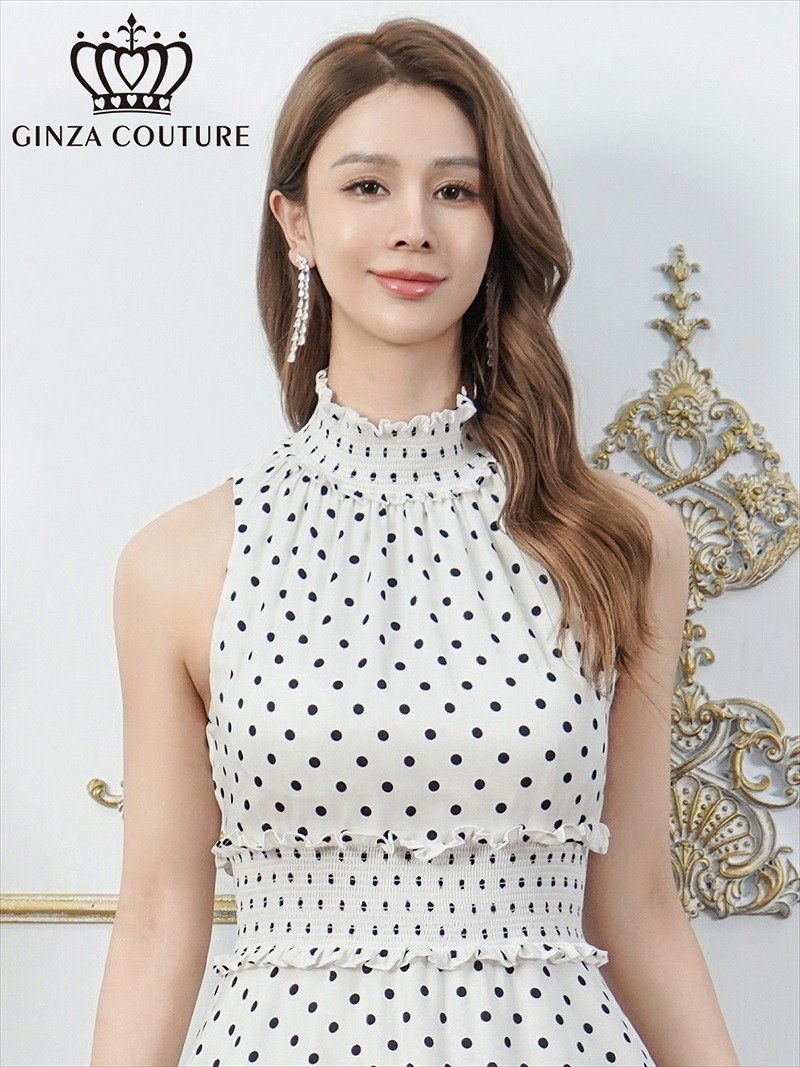 ERUKEI エルケイ ドット・首元フリル・ウエストマーク・マキシ・アメリカンスリーブ・Aライン・ロングドレス ek-c26165