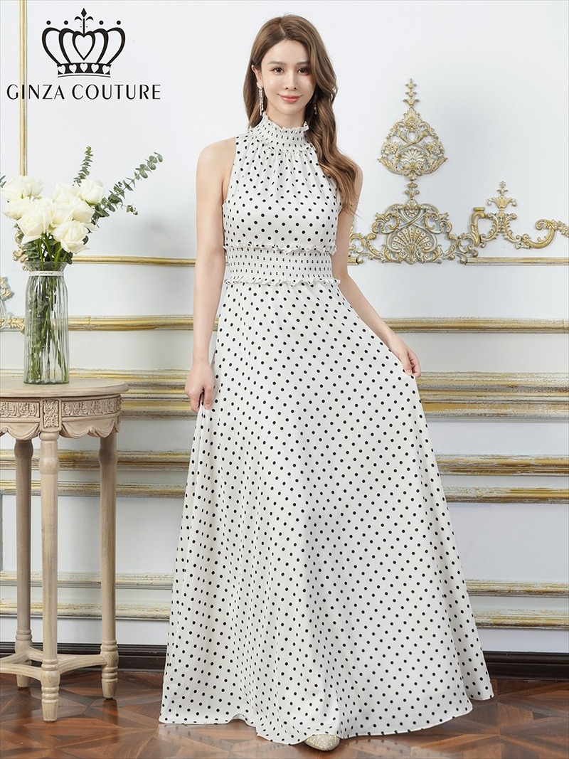 ERUKEI エルケイ ドット・首元フリル・ウエストマーク・マキシ・アメリカンスリーブ・Aライン・ロングドレス ek-c26165