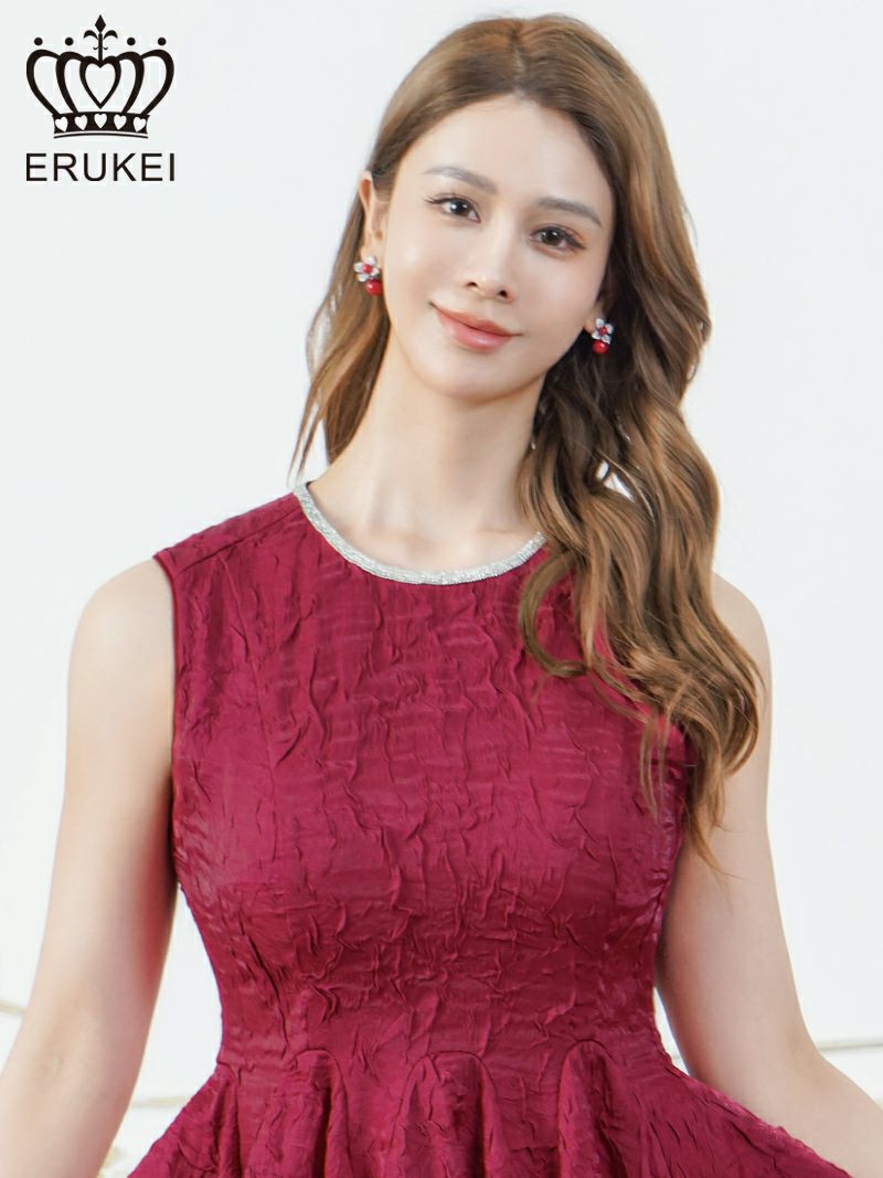 ERUKEI エルケイ ワンカラー・シャイニーサテン・シワ加工・ネックビジュー・シンプル・ノースリーブ・フレア・Aライン・ミニドレス・ワンピース ek-e25195