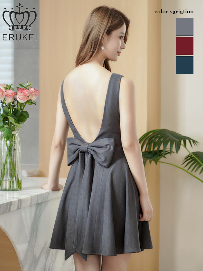 ERUKEI エルケイ ワンカラー・リボン・背中見せ・Aライン・フレア・ミニドレス・ワンピース ek-e25316