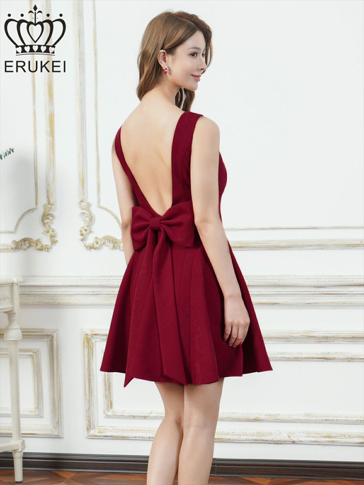 ERUKEI エルケイ ワンカラー・リボン・背中見せ・Aライン・フレア・ミニドレス・ワンピース ek-e25316