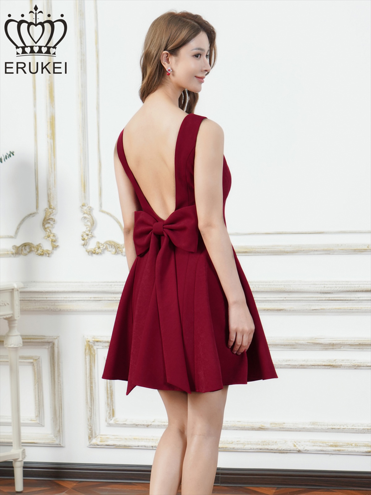 ERUKEI エルケイ ワンカラー・リボン・背中見せ・Aライン・フレア・ミニドレス・ワンピース ek-e25316