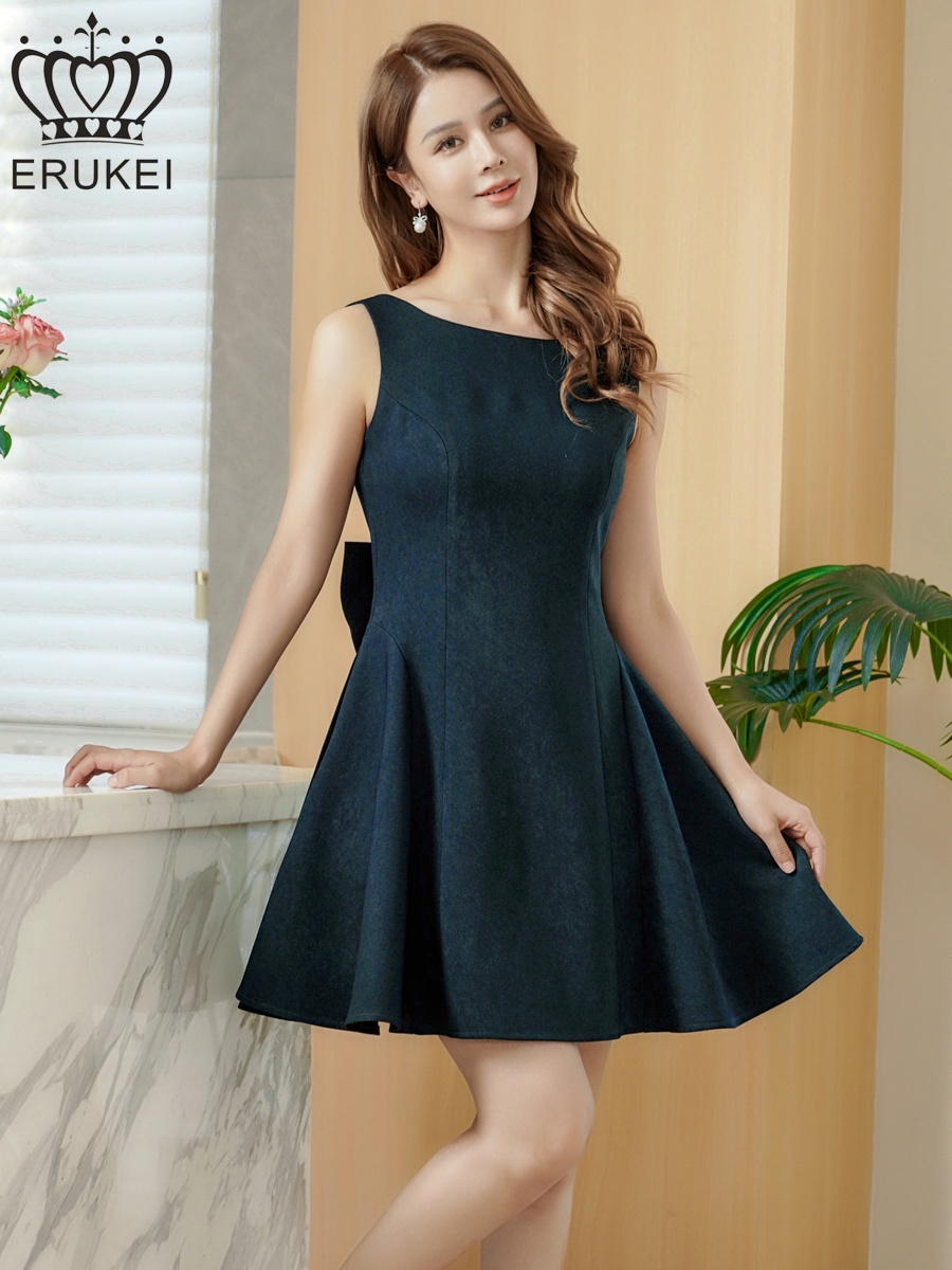 ERUKEI エルケイ ワンカラー・リボン・背中見せ・Aライン・フレア・ミニドレス・ワンピース ek-e25316