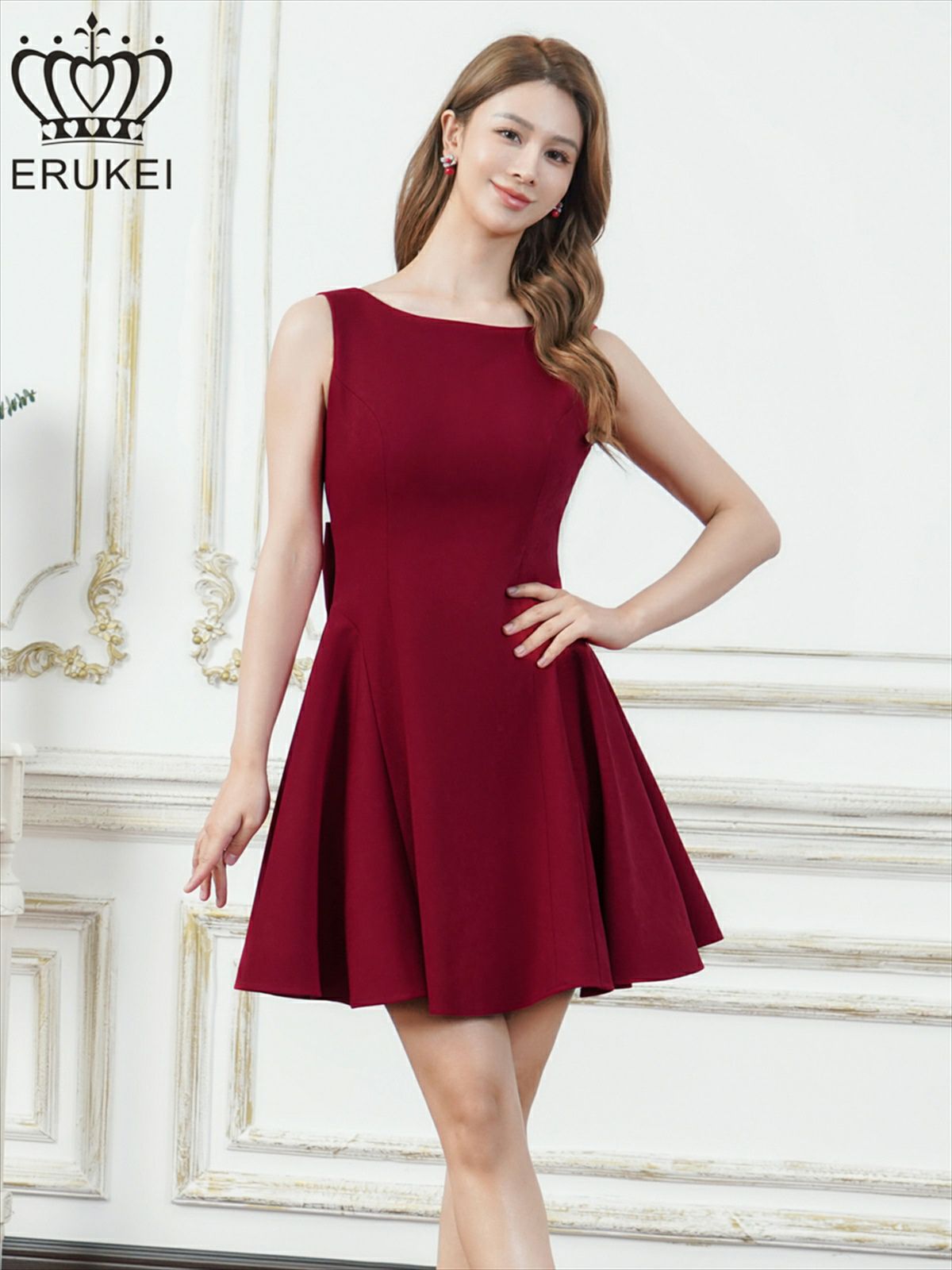 ERUKEI エルケイ ワンカラー・リボン・背中見せ・Aライン・フレア・ミニドレス・ワンピース ek-e25316