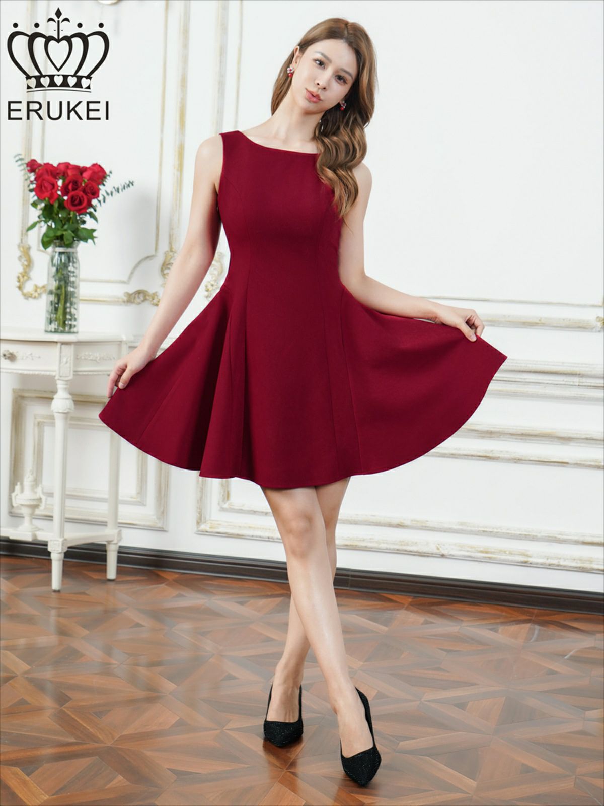 ERUKEI エルケイ ワンカラー・リボン・背中見せ・Aライン・フレア・ミニドレス・ワンピース ek-e25316