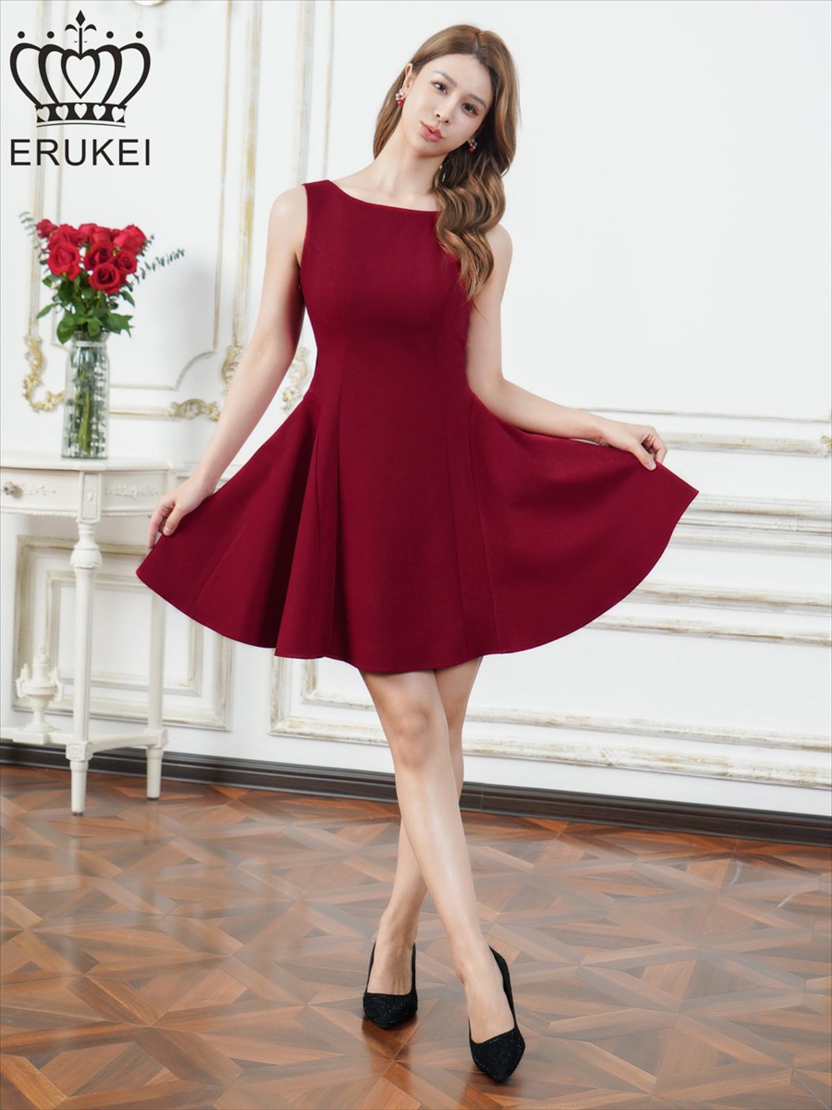 ERUKEI エルケイ ワンカラー・リボン・背中見せ・Aライン・フレア・ミニドレス・ワンピース ek-e25316