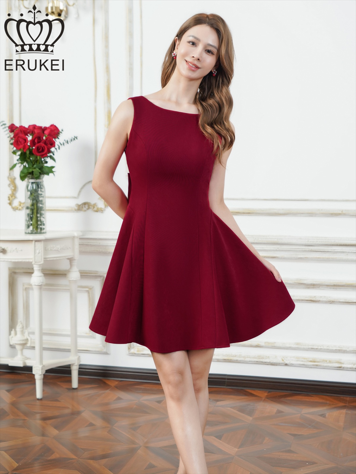 ERUKEI エルケイ ワンカラー・リボン・背中見せ・Aライン・フレア・ミニドレス・ワンピース ek-e25316