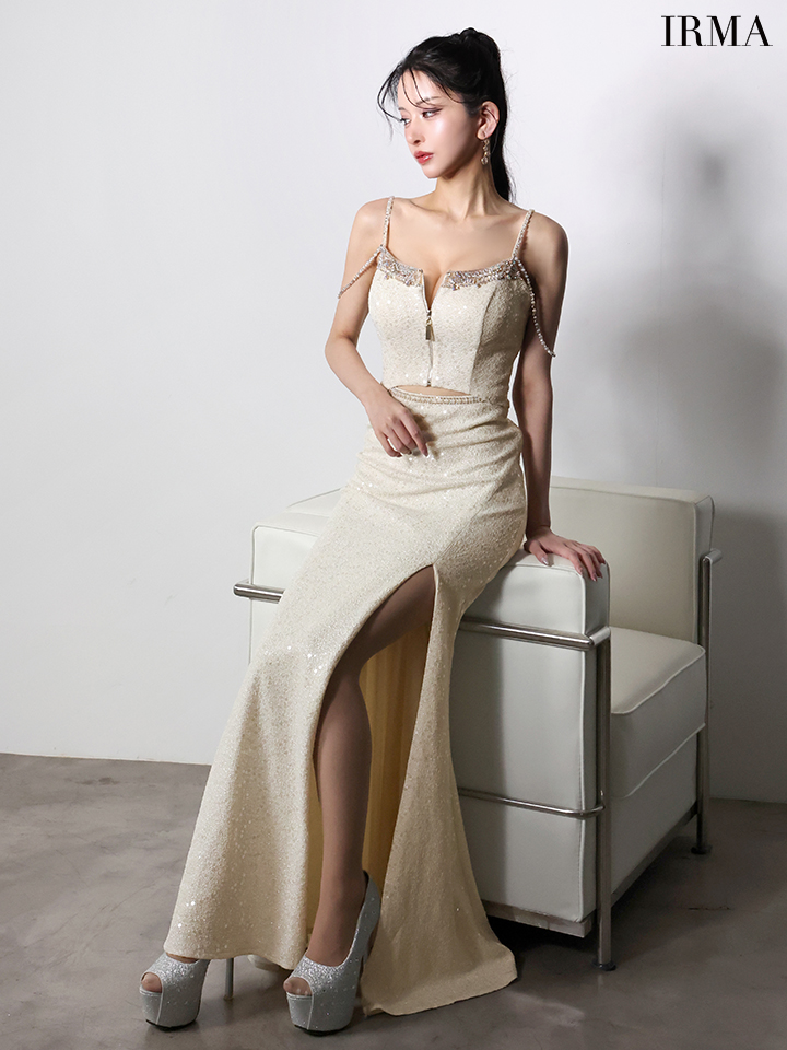 IRMA イルマ オフショル/ウエストカット/ビジュー/ラインストーンショルダーチェーン/スリット入り/タイト ロングドレス ir61026-c