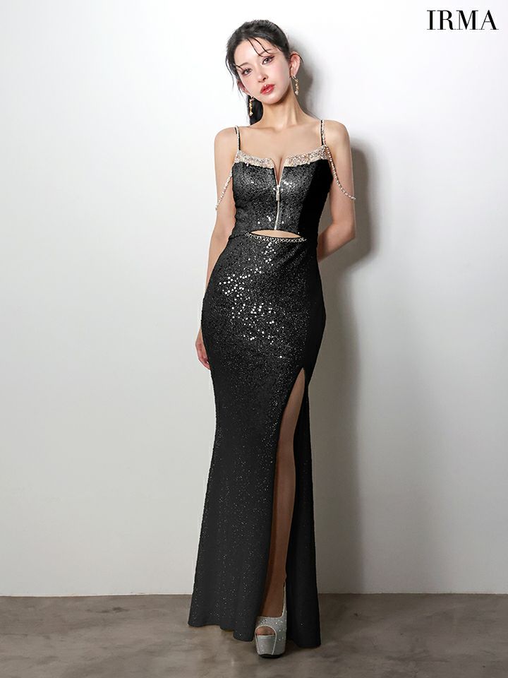 IRMA イルマ オフショル/ウエストカット/ビジュー/ラインストーンショルダーチェーン/スリット入り/タイト ロングドレス ir61026-c