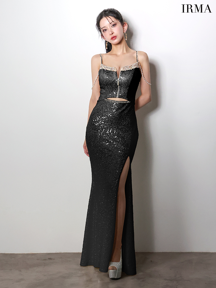 IRMA イルマ オフショル/ウエストカット/ビジュー/ラインストーンショルダーチェーン/スリット入り/タイト ロングドレス ir61026-c