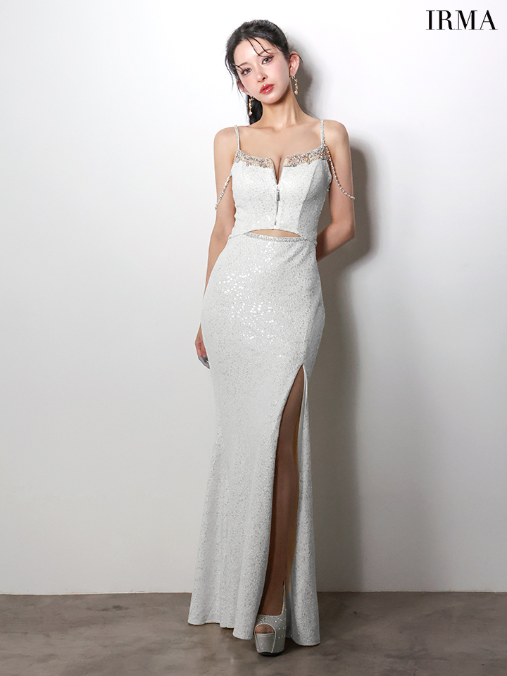 IRMA イルマ オフショル/ウエストカット/ビジュー/ラインストーンショルダーチェーン/スリット入り/タイト ロングドレス ir61026-c