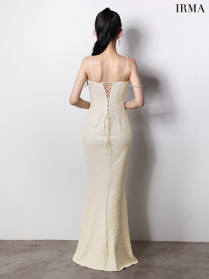 IRMA イルマ オフショル/ウエストカット/ビジュー/ラインストーンショルダーチェーン/スリット入り/タイト ロングドレス ir61026-c