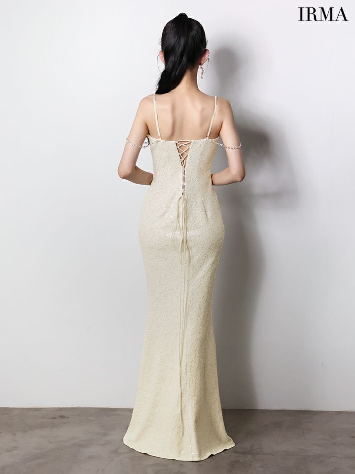 IRMA イルマ オフショル/ウエストカット/ビジュー/ラインストーンショルダーチェーン/スリット入り/タイト ロングドレス ir61026-c