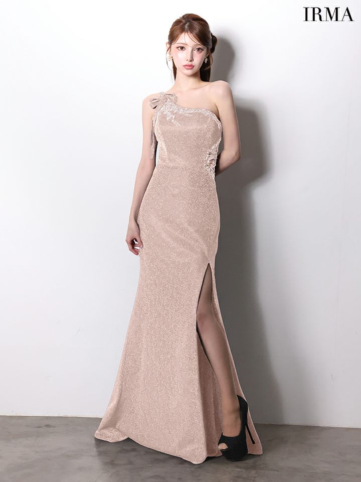 IRMA イルマ ワンショル/リボンショルダー/ウエストシアー/ビジュー刺繍/スリット入り/タイト ロングドレス ir61028-c