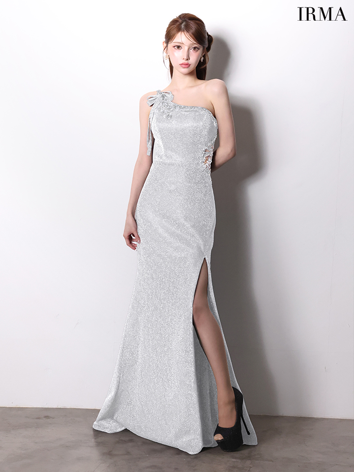 IRMA イルマ ワンショル/リボンショルダー/ウエストシアー/ビジュー刺繍/スリット入り/タイト ロングドレス ir61028-c