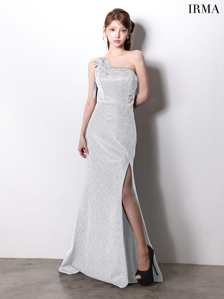 IRMA イルマ ワンショル/リボンショルダー/ウエストシアー/ビジュー刺繍/スリット入り/タイト ロングドレス ir61028-c