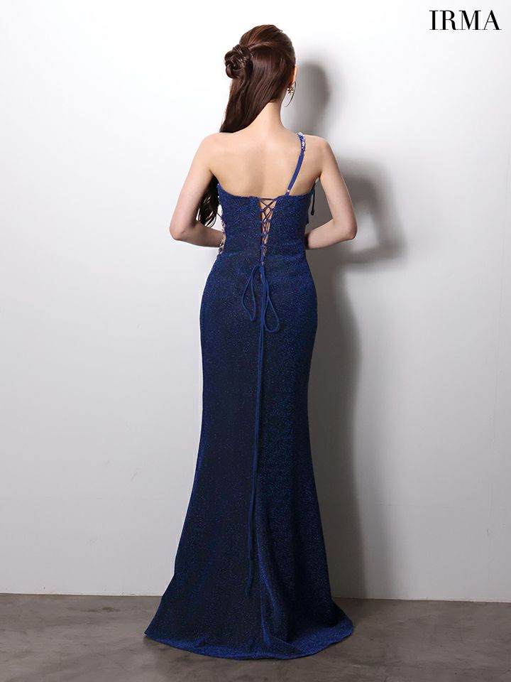 IRMA イルマ ワンショル/リボンショルダー/ウエストシアー/ビジュー刺繍/スリット入り/タイト ロングドレス ir61028-c