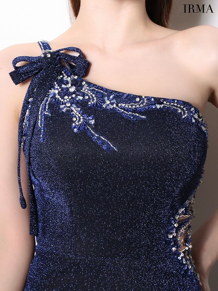 IRMA イルマ ワンショル/リボンショルダー/ウエストシアー/ビジュー刺繍/スリット入り/タイト ロングドレス ir61028-c