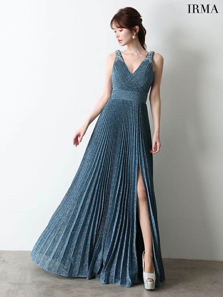 IRMA イルマ ワンカラー/シンプル/ラメニット/Vネック/プリーツ/スリット入り/ロングドレス ir61029-c