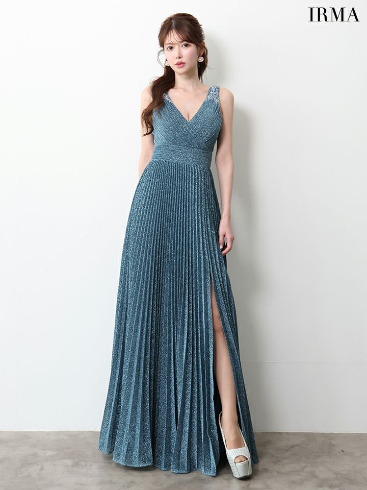 IRMA イルマ ワンカラー/シンプル/ラメニット/Vネック/プリーツ/スリット入り/ロングドレス ir61029-c