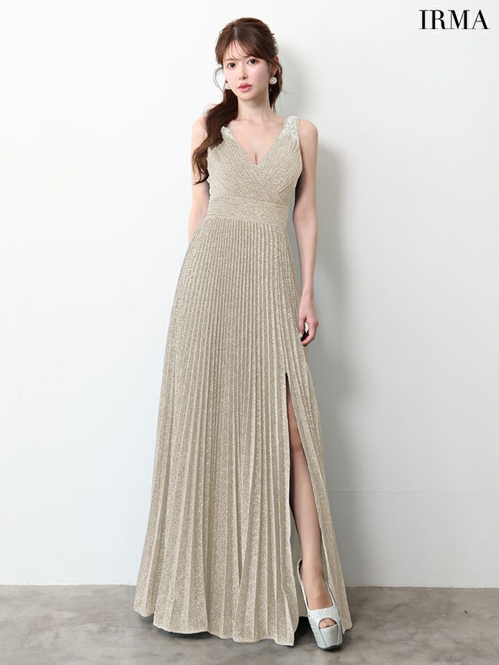 IRMA イルマ ワンカラー/シンプル/ラメニット/Vネック/プリーツ/スリット入り/ロングドレス ir61029-c