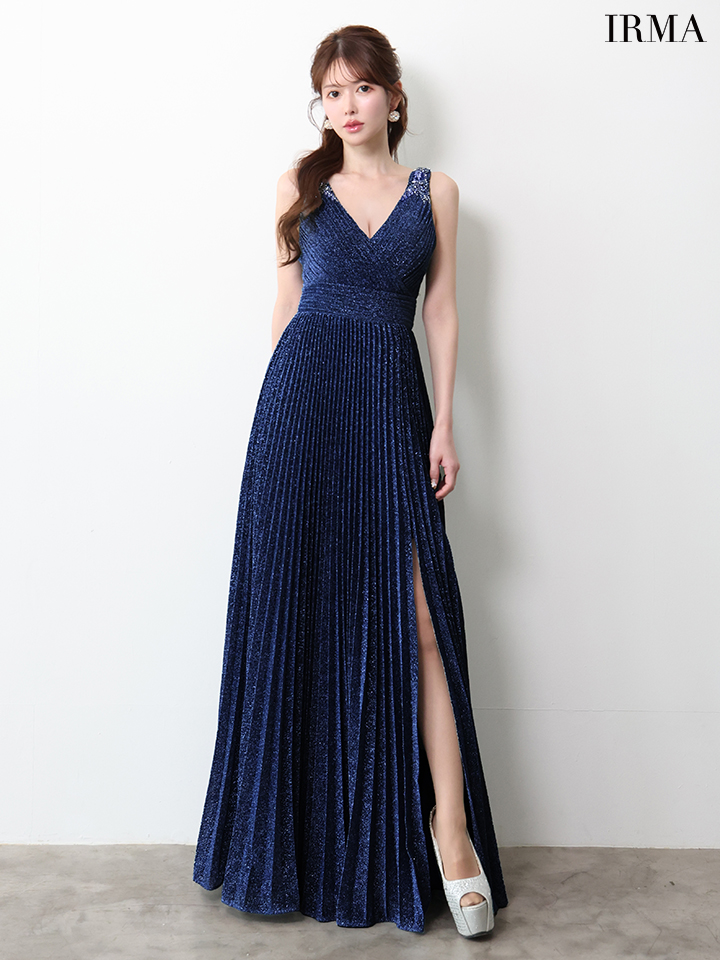 IRMA イルマ ワンカラー/シンプル/ラメニット/Vネック/プリーツ/スリット入り/ロングドレス ir61029-c