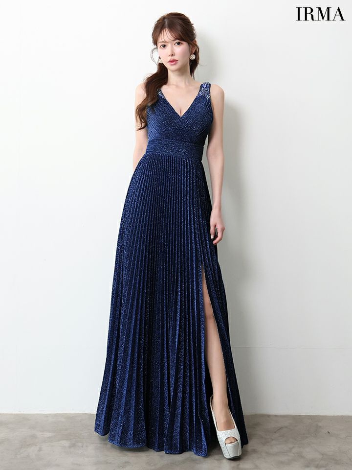 IRMA イルマ ワンカラー/シンプル/ラメニット/Vネック/プリーツ/スリット入り/ロングドレス ir61029-c