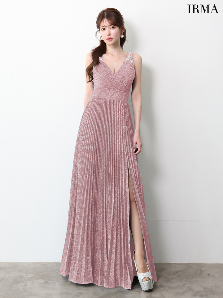 IRMA イルマ ワンカラー/シンプル/ラメニット/Vネック/プリーツ/スリット入り/ロングドレス ir61029-c