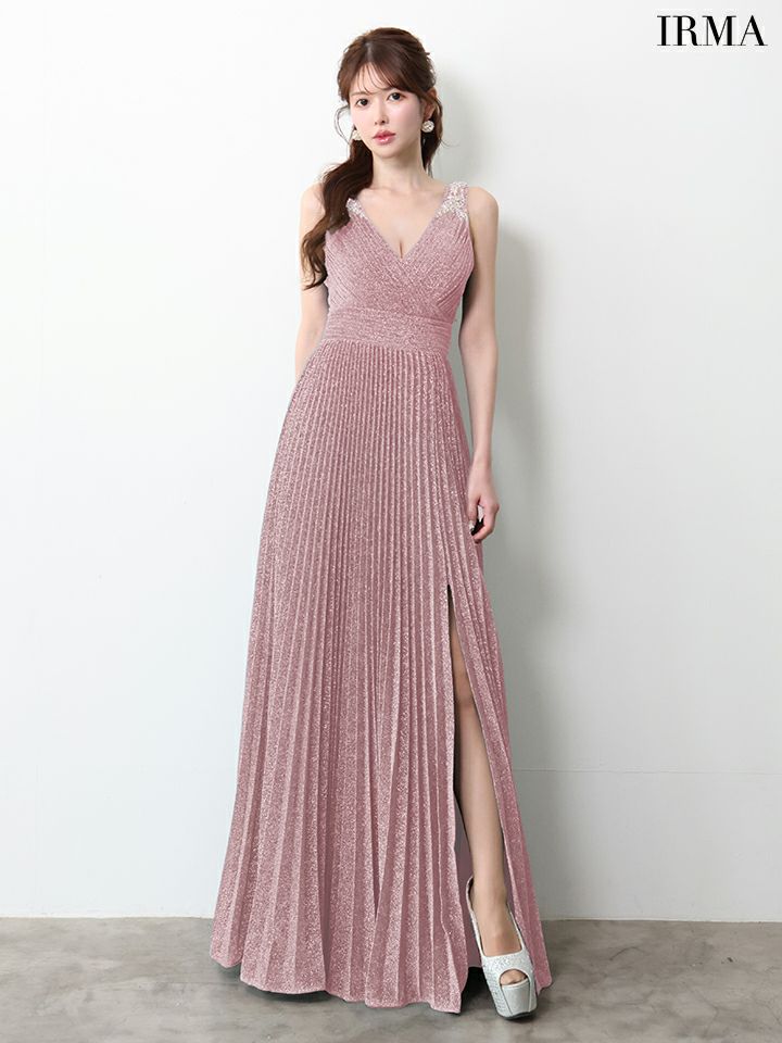 IRMA イルマ ワンカラー/シンプル/ラメニット/Vネック/プリーツ/スリット入り/ロングドレス ir61029-c