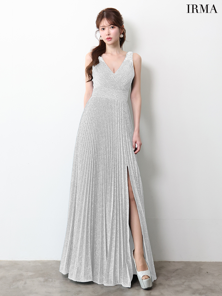 IRMA イルマ ワンカラー/シンプル/ラメニット/Vネック/プリーツ/スリット入り/ロングドレス ir61029-c