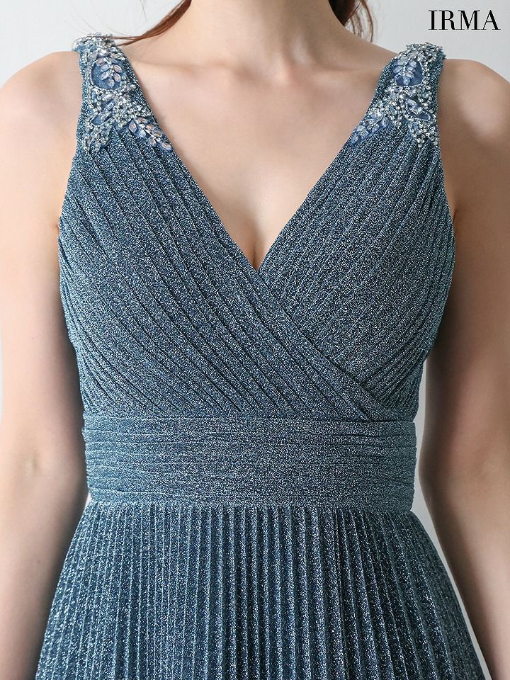 IRMA イルマ ワンカラー/シンプル/ラメニット/Vネック/プリーツ/スリット入り/ロングドレス ir61029-c