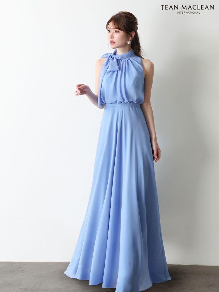 JEAN MACLEAN ジャンマクレーン パステルカラー/シフォン/ボウタイリボン/ウエスト切替/Aライン/ロングドレス ja61032-c