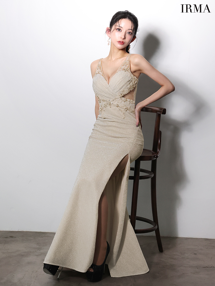 IRMA イルマ ラメニット/ウエストクロスビジュー/刺繍/カットアウト/スリット入り/タイト ロングドレス ir61027-c