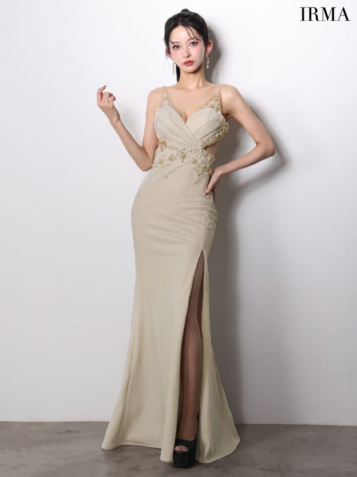 IRMA イルマ ラメニット/ウエストクロスビジュー/刺繍/カットアウト/スリット入り/タイト ロングドレス ir61027-c