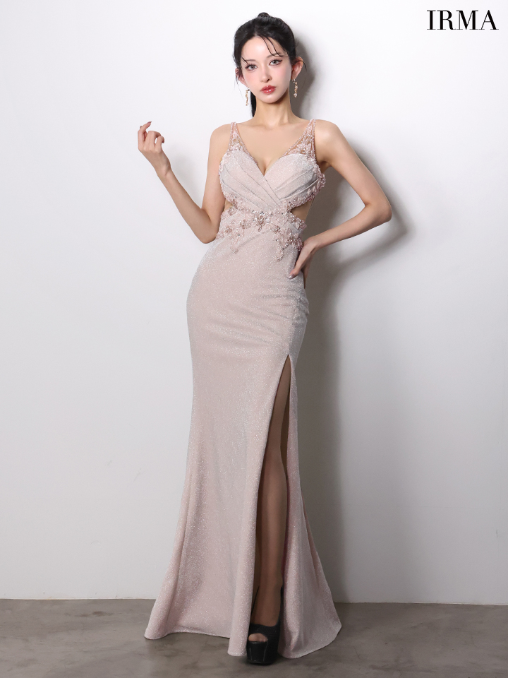 IRMA イルマ ラメニット/ウエストクロスビジュー/刺繍/カットアウト/スリット入り/タイト ロングドレス ir61027-c