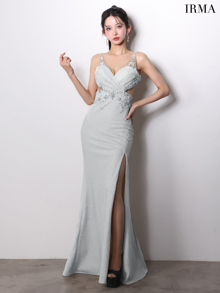 IRMA イルマ ラメニット/ウエストクロスビジュー/刺繍/カットアウト/スリット入り/タイト ロングドレス ir61027-c